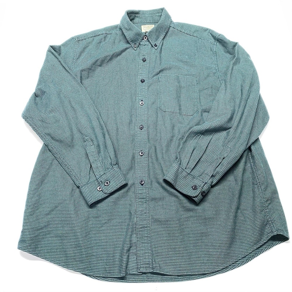Vintage LL Bean Shirt Mens XL Green Houndstooth Long Sleeve Traditional Fit